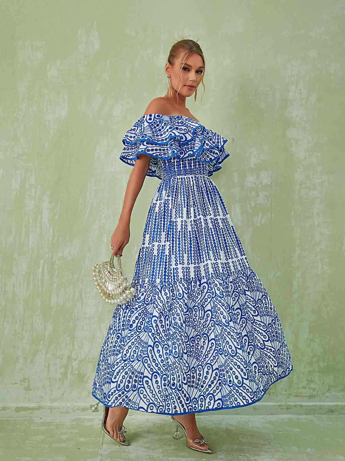 Soleil Off Shoulder Hollow Maxi Dress In Blue