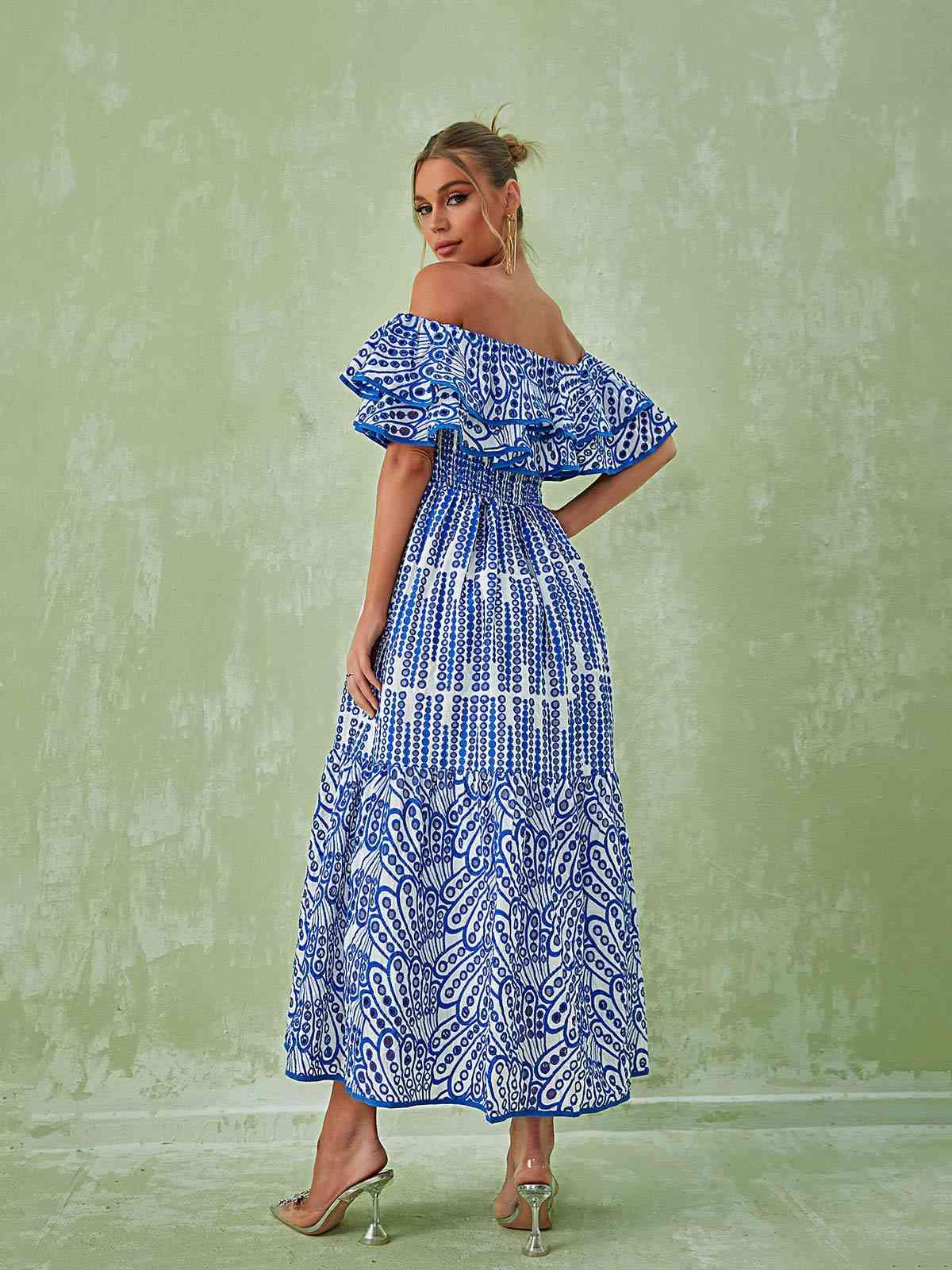Soleil Off Shoulder Hollow Maxi Dress In Blue