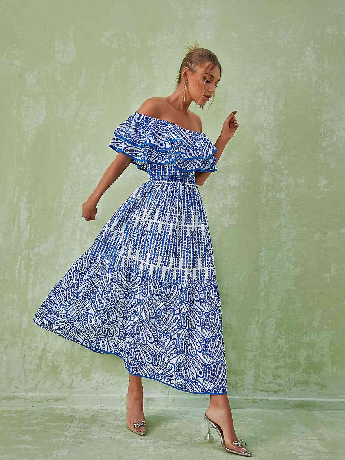 Soleil Off Shoulder Hollow Maxi Dress In Blue