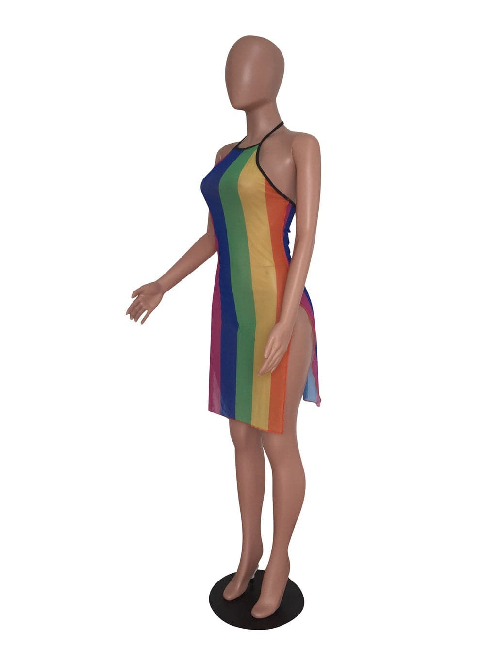 Striped Mesh Halter Neck Ruched Bodycon Mini Dress - View 4