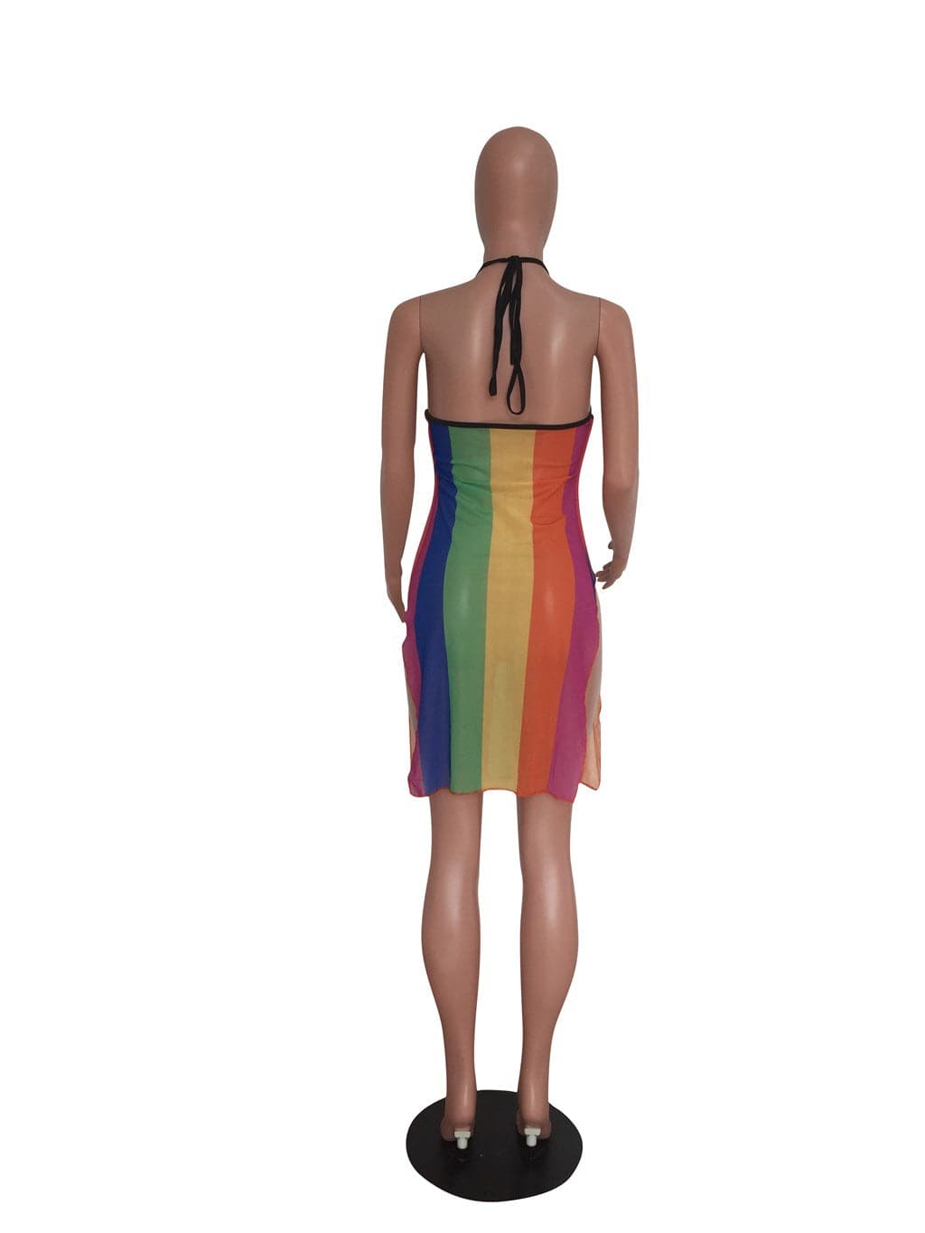 Striped Mesh Halter Neck Ruched Bodycon Mini Dress - View 5