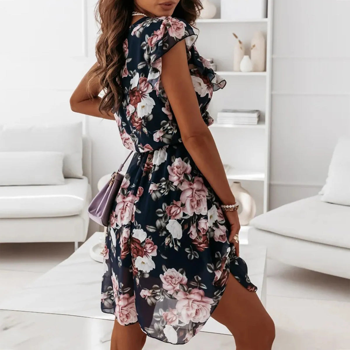 Floral Print Flutter Sleeve Ruffle Hem A-Line Dress 2