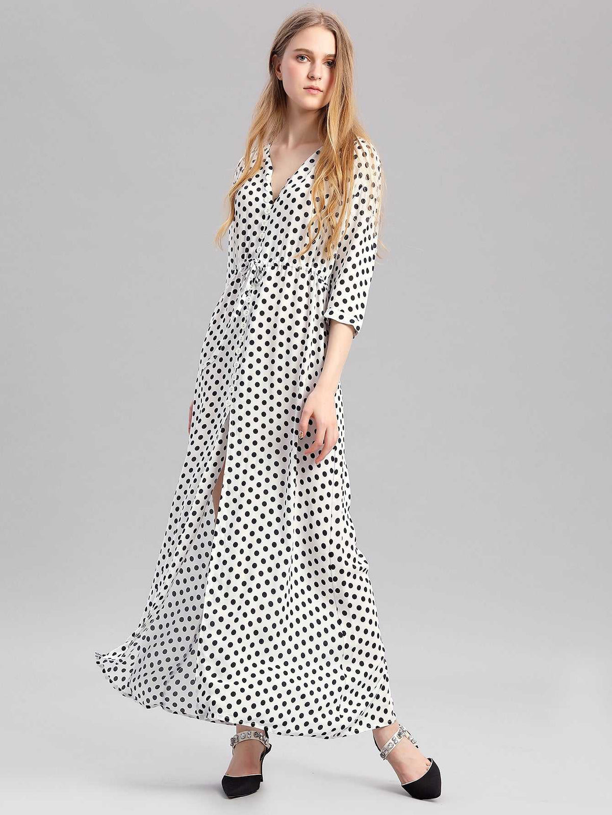 KittenAlarm - Woman's dress V Neck Loose Half Sleeve White Dot Split Elegant Female Maxi Dress,Flowy Swing Beach Dresses Spring-Summer Casual Dress L-2XL