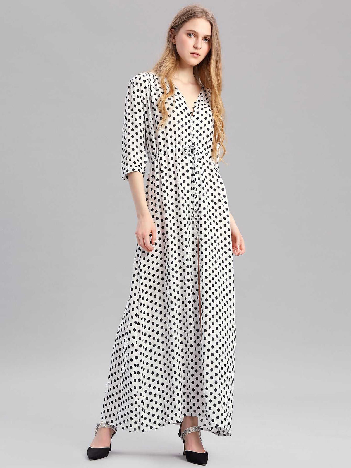 KittenAlarm - Woman's dress V Neck Loose Half Sleeve White Dot Split Elegant Female Maxi Dress,Flowy Swing Beach Dresses Spring-Summer Casual Dress L-2XL