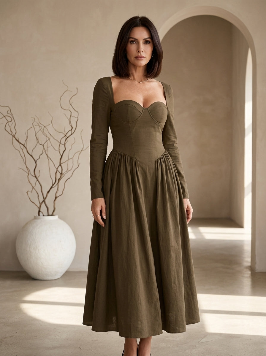 Sweetheart Neck Long Sleeve Fit and Flare Midi Dress 4