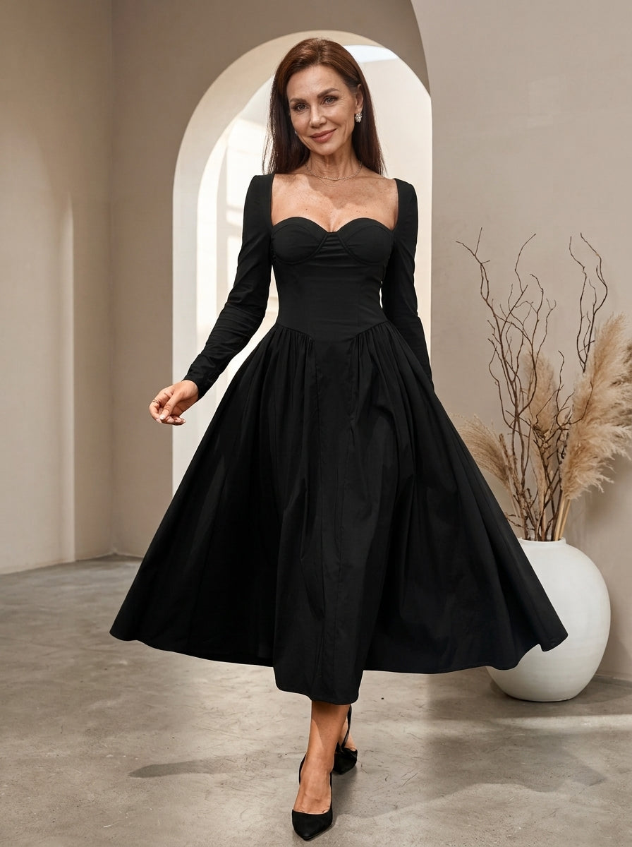 Sweetheart Neck Long Sleeve Fit and Flare Midi Dress 6