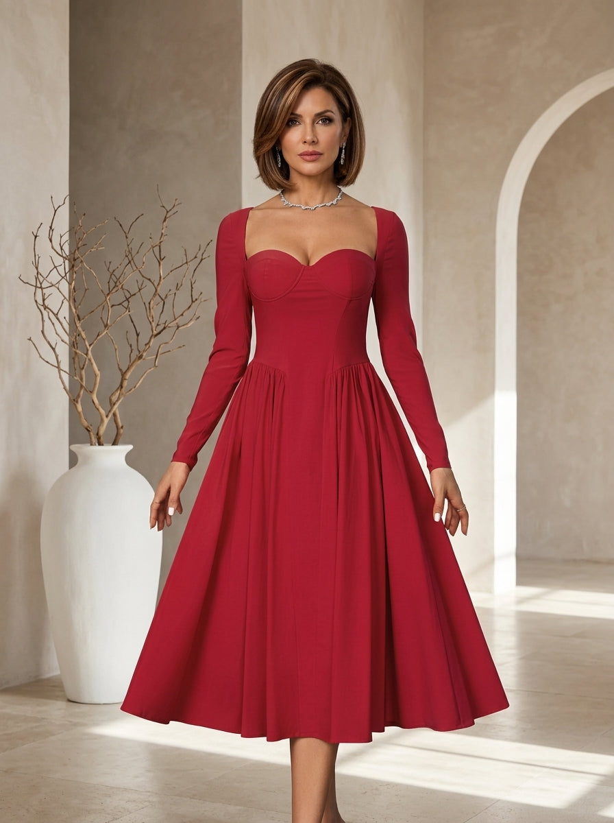 Sweetheart Neck Long Sleeve Fit and Flare Midi Dress 7