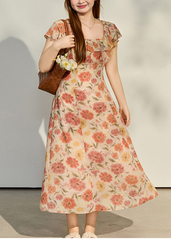 Women Apricot Ruffled Print Chiffon Robe Dresses Summer - View 2