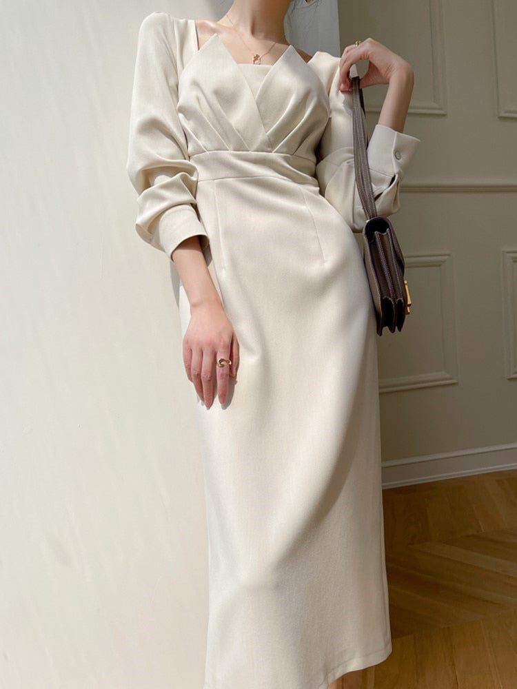 Satin Square Neck Long Sleeve Wrap Midi Dress