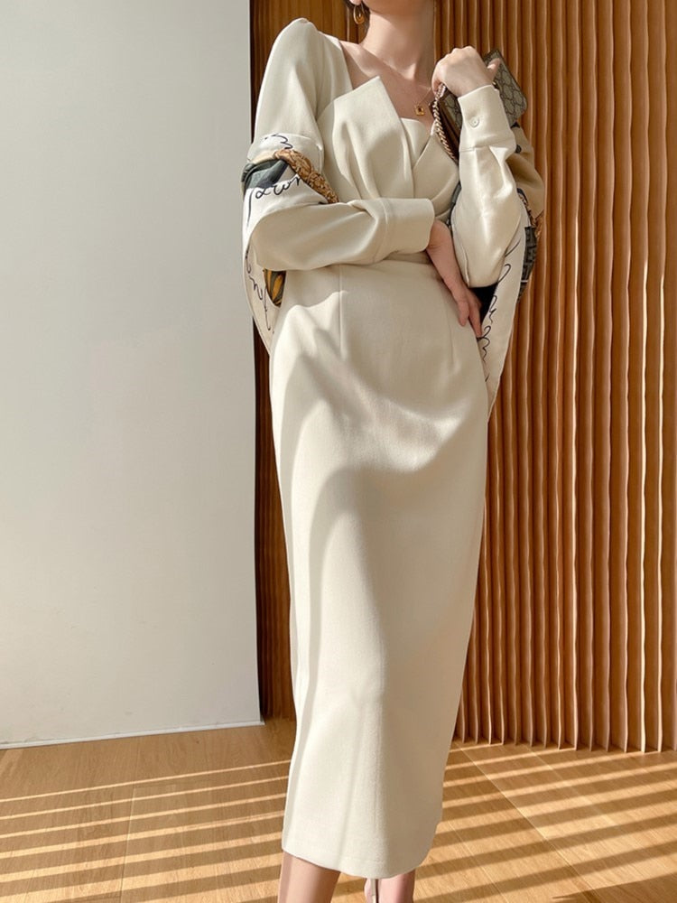 Satin Square Neck Long Sleeve Wrap Midi Dress - View 3