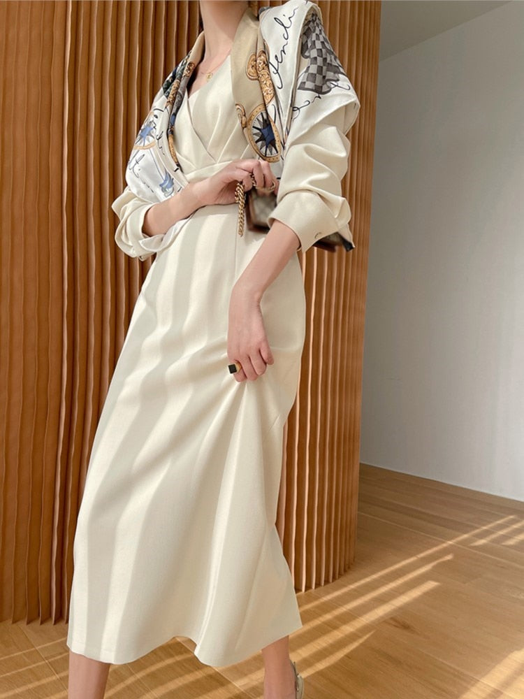 Satin Square Neck Long Sleeve Wrap Midi Dress - View 2