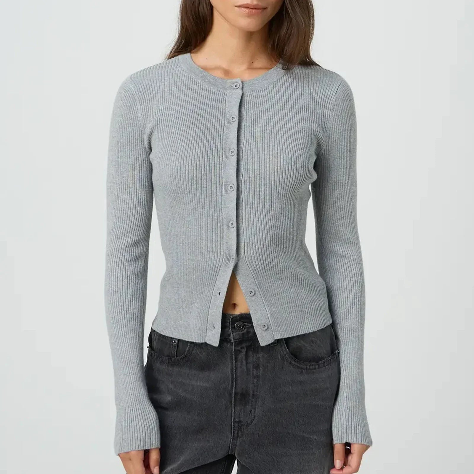 Ribbed Slim Button-Up Long Sleeve Cardigan