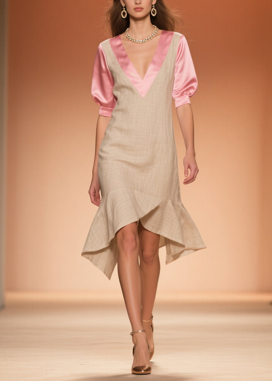 Faux Two-Piece Deep V-Neck Short Puff Sleeve Woven Midi Dress
