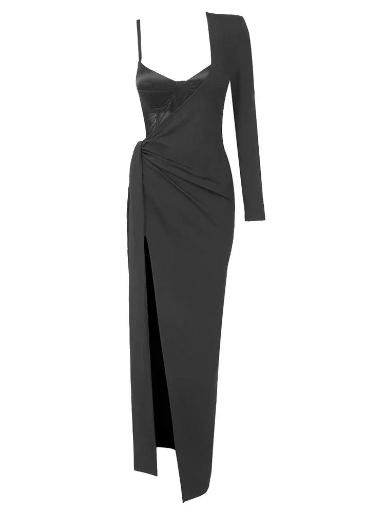 Satin Corset Mesh Sleeve High Split Maxi Dress 4