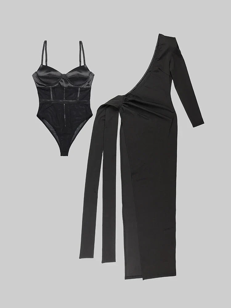 Satin Corset Mesh Sleeve High Split Maxi Dress 3