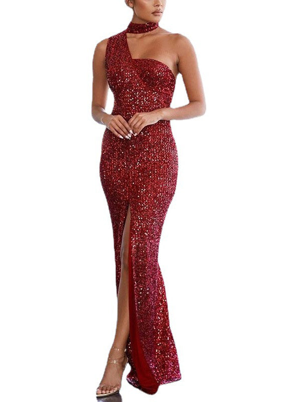 Sequin One Shoulder High Split Bodycon Maxi Gown - View 5