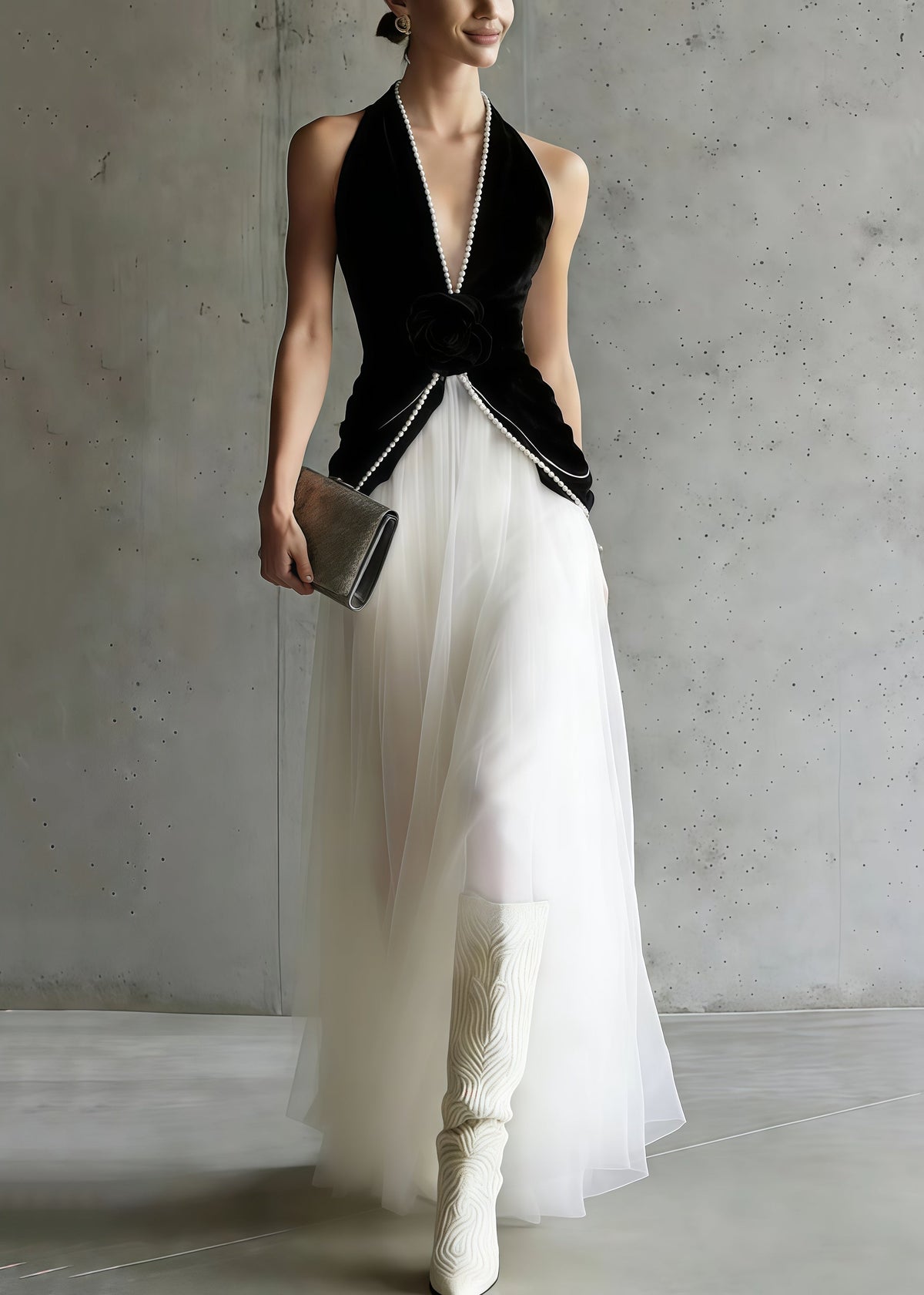 Velvet Halter Neck Deep V-Neck Rosette Tulle Maxi Dress - View 5