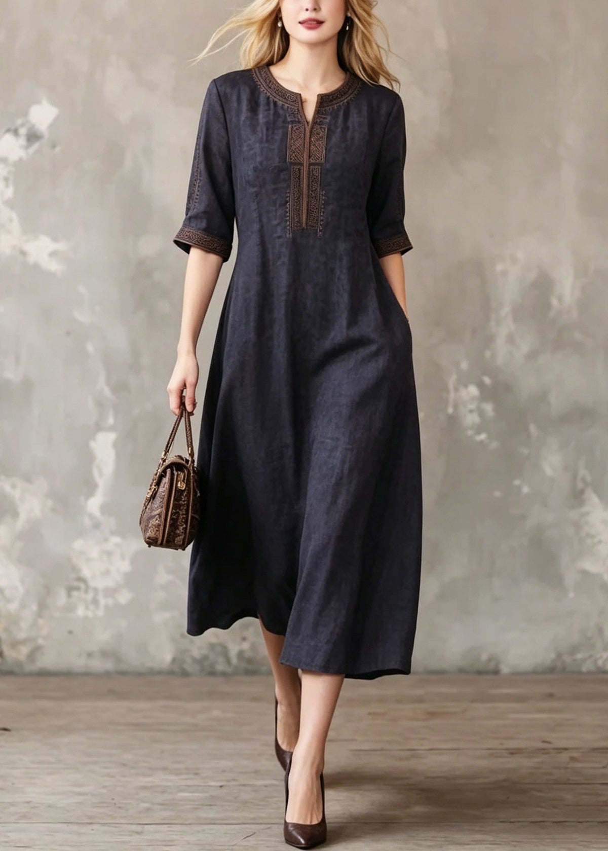 Embroidered Notched Neck Half Sleeve Side Pocket A-Line Midi Dress