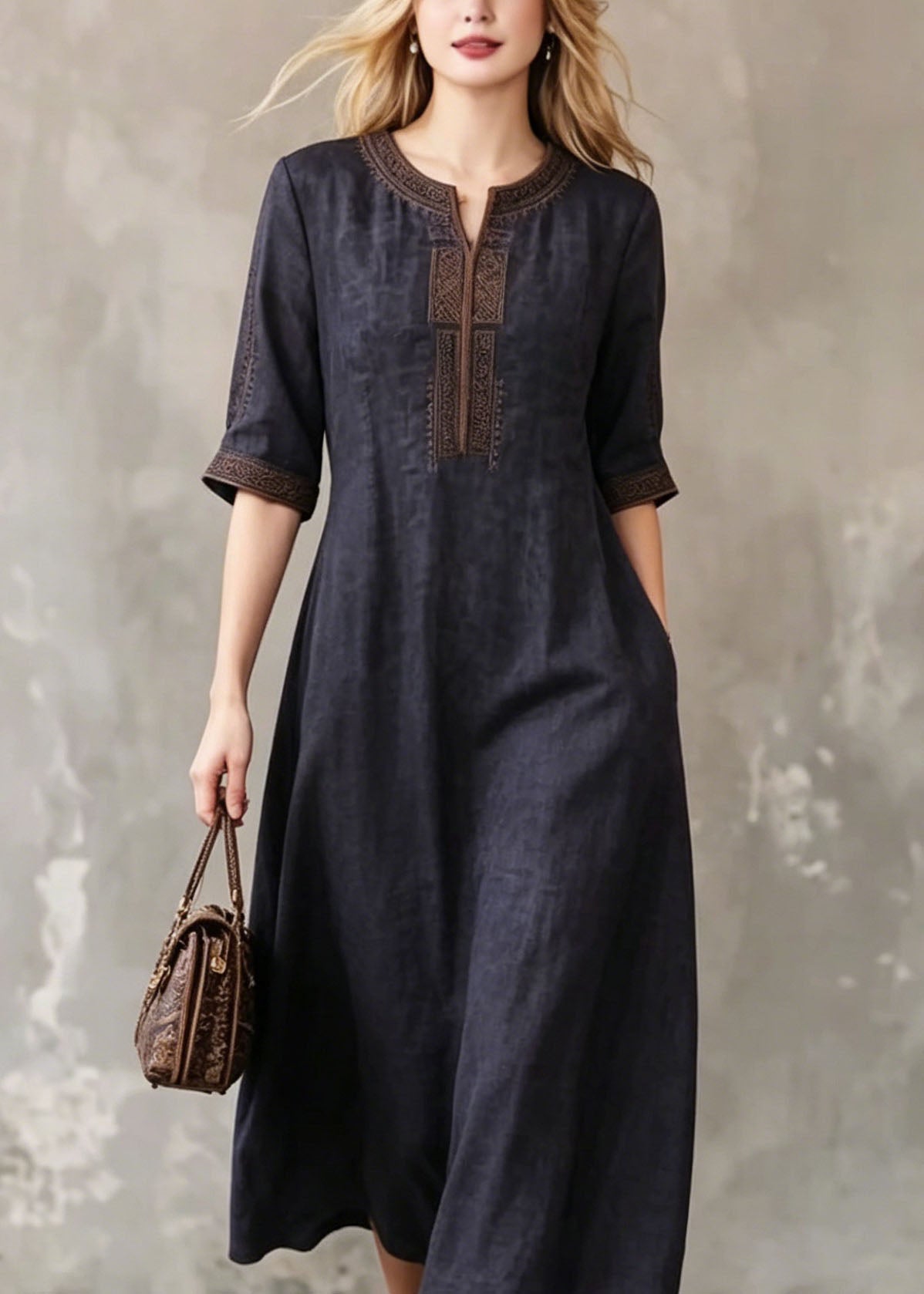 Embroidered Notched Neck Half Sleeve Side Pocket A-Line Midi Dress - View 2