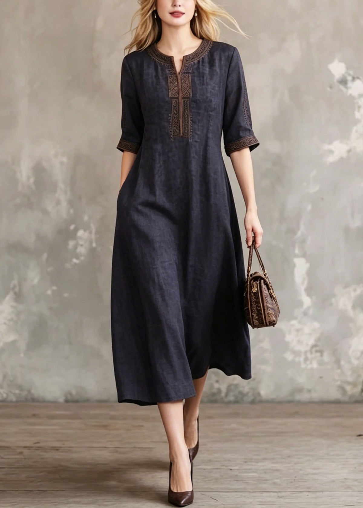 Embroidered Notched Neck Half Sleeve Side Pocket A-Line Midi Dress - View 3