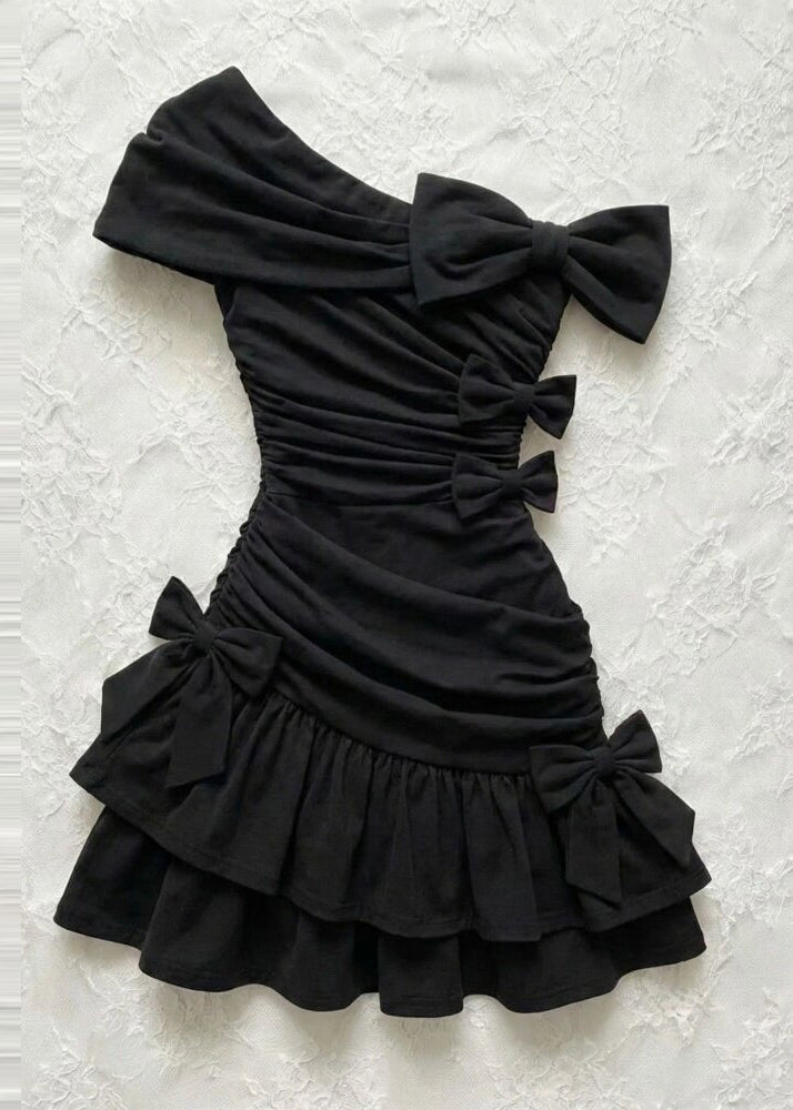 One Shoulder Bow Ruched Tiered Ruffle Bodycon Mini Party Dress