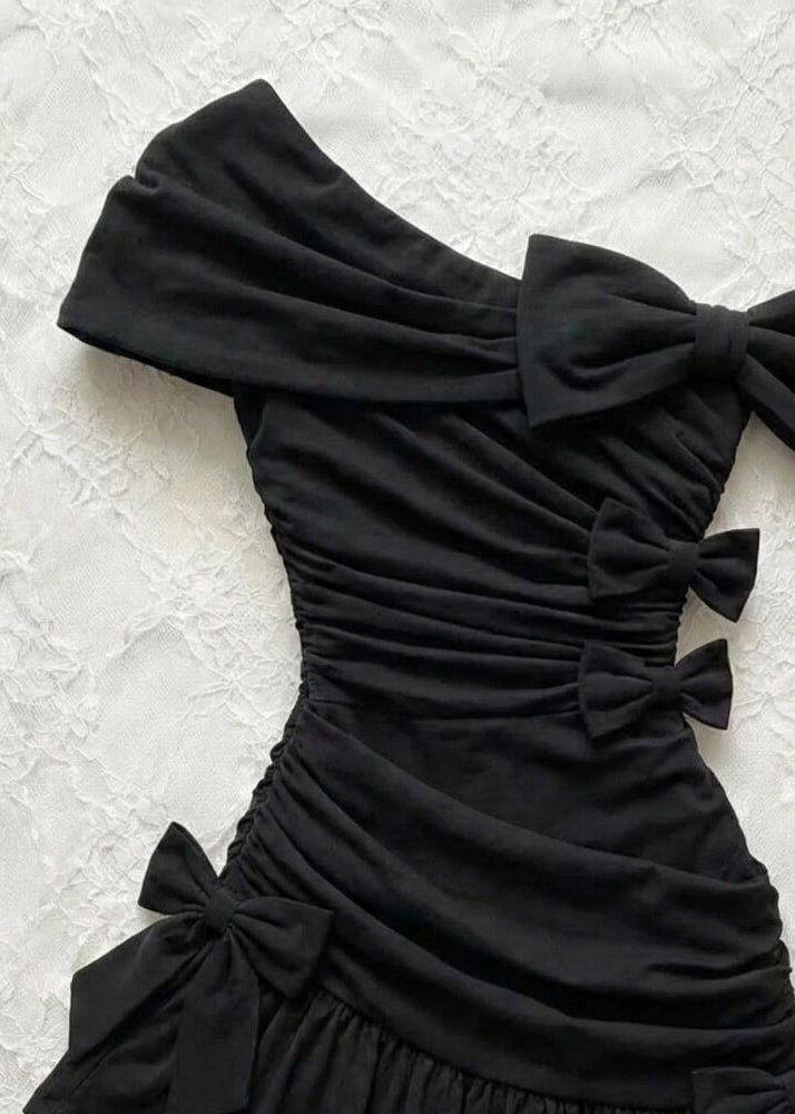 One Shoulder Bow Ruched Tiered Ruffle Bodycon Mini Party Dress - View 2