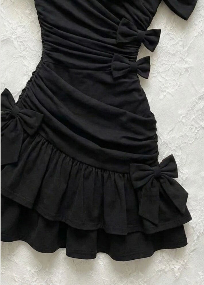 One Shoulder Bow Ruched Tiered Ruffle Bodycon Mini Party Dress - View 3