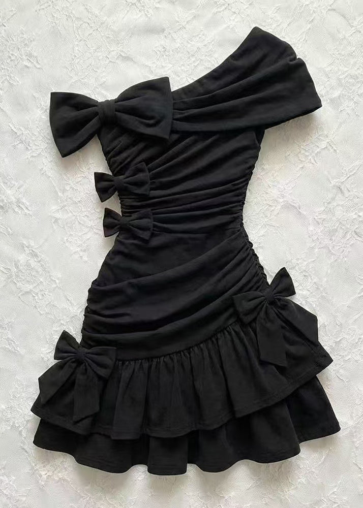 One Shoulder Bow Ruched Tiered Ruffle Bodycon Mini Party Dress - View 5