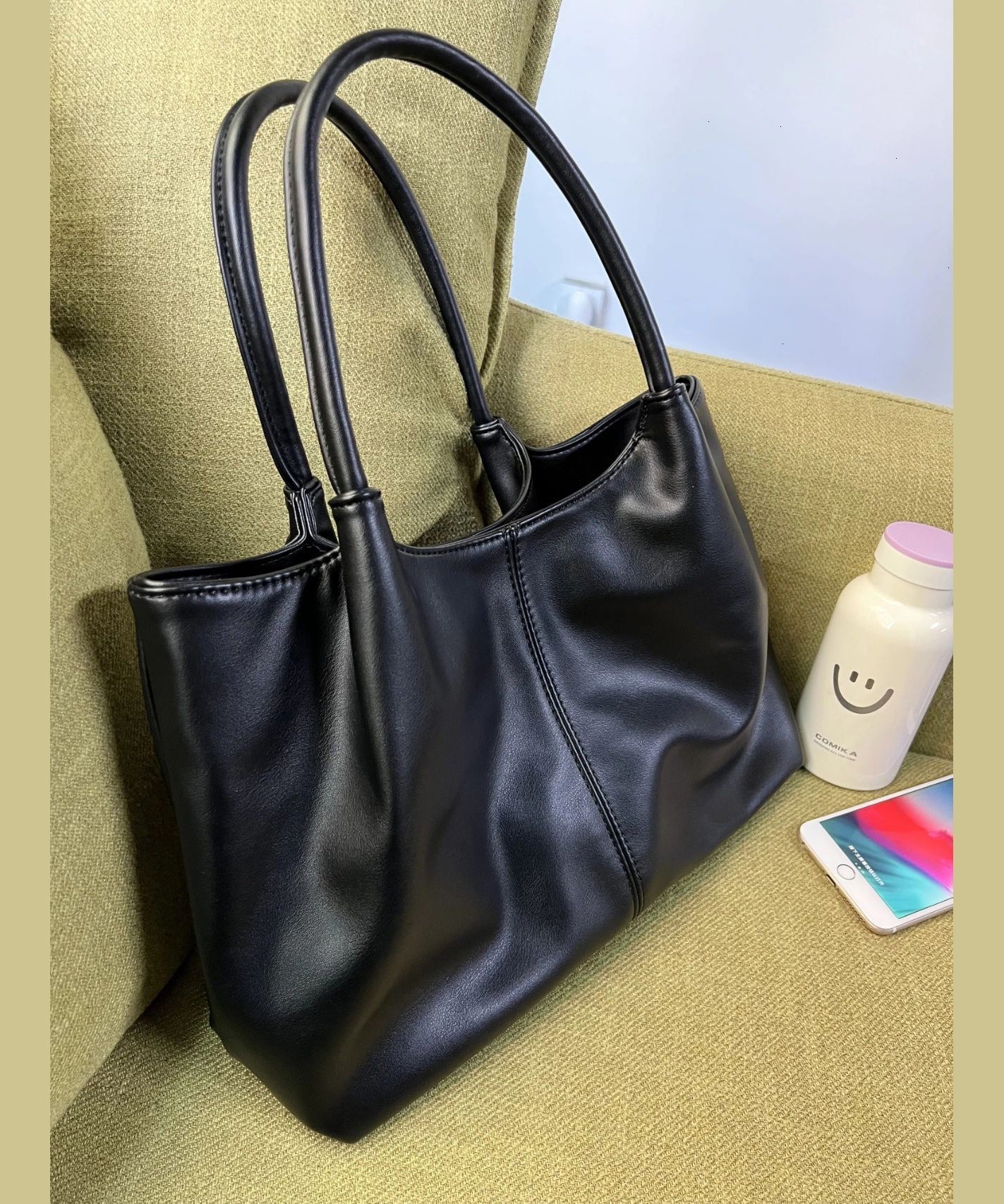 Versatile Black Satchel Faux Handbag Leather