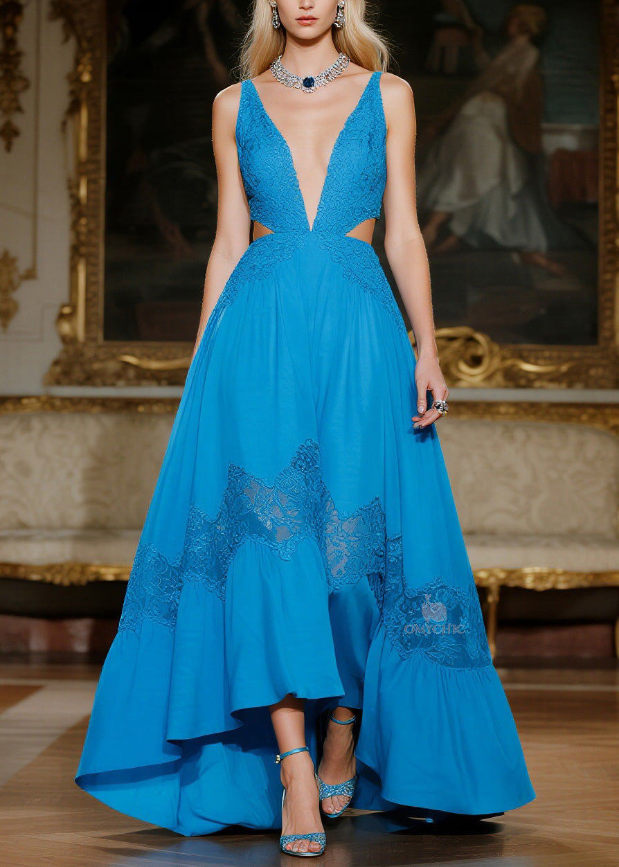 Women Blue Hollow Out Lace Patchwork Spaghetti Strap Dresses Summer - View 3