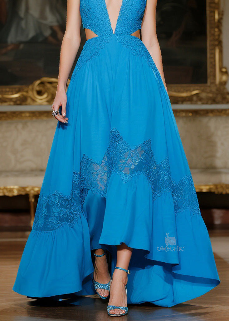 Women Blue Hollow Out Lace Patchwork Spaghetti Strap Dresses Summer - View 4