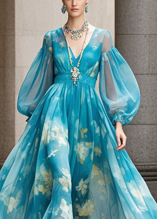 Chiffon Abstract Floral Print Deep V-Neck Maxi Dress - View 2