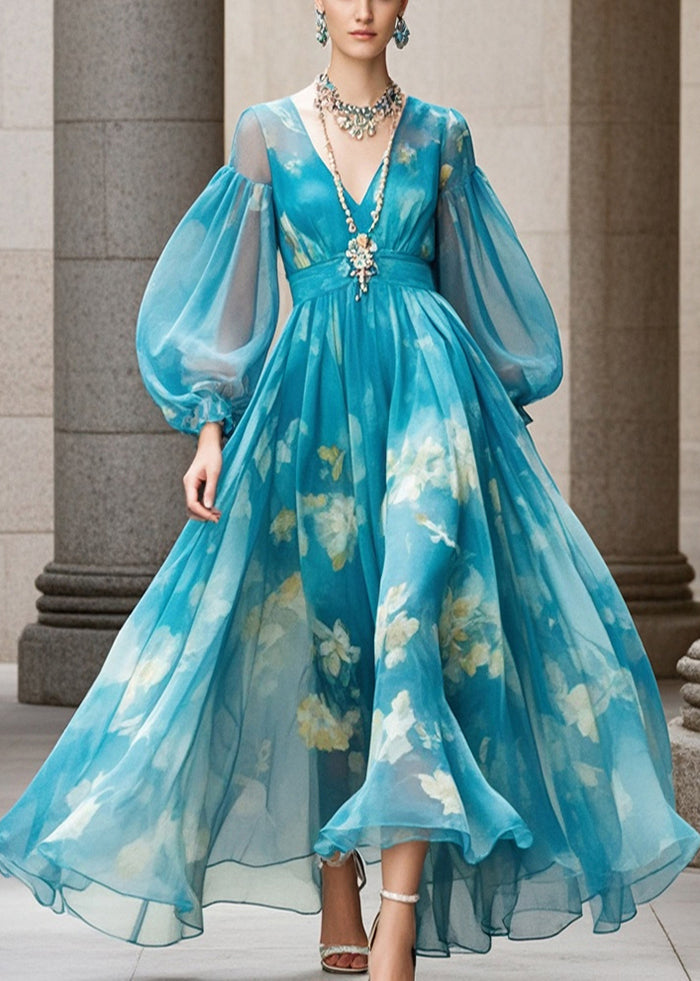 Chiffon Abstract Floral Print Deep V-Neck Maxi Dress - View 3