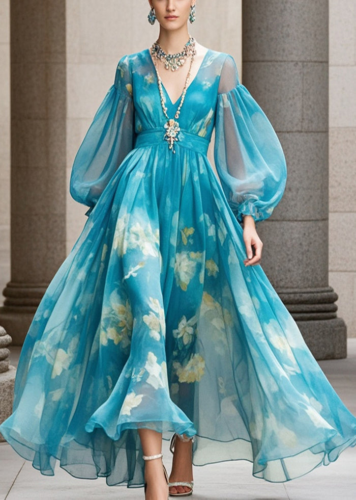 Chiffon Abstract Floral Print Deep V-Neck Maxi Dress - View 5