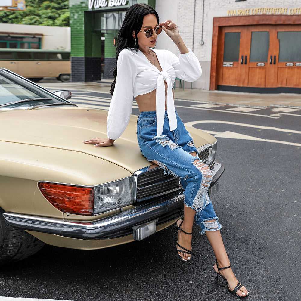 Women Boob Tube Top Short Touch Chest Lantern Bubble Sleeves Pure Color Sexy Shirt Blouse - Fashionpara