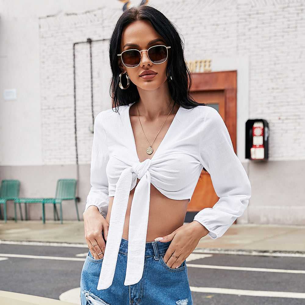 Women Boob Tube Top Short Touch Chest Lantern Bubble Sleeves Pure Color Sexy Shirt Blouse - Fashionpara