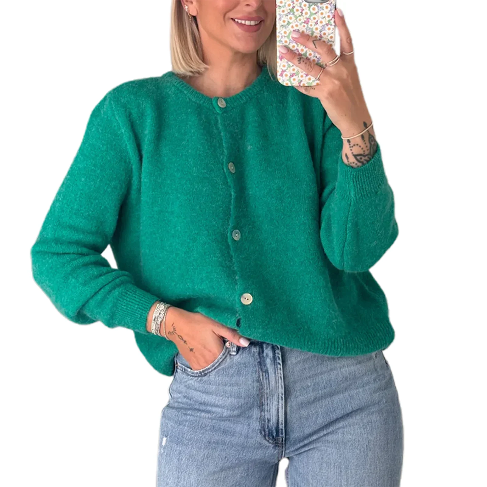 Solid O-neck Cropped Knitted Cardigan