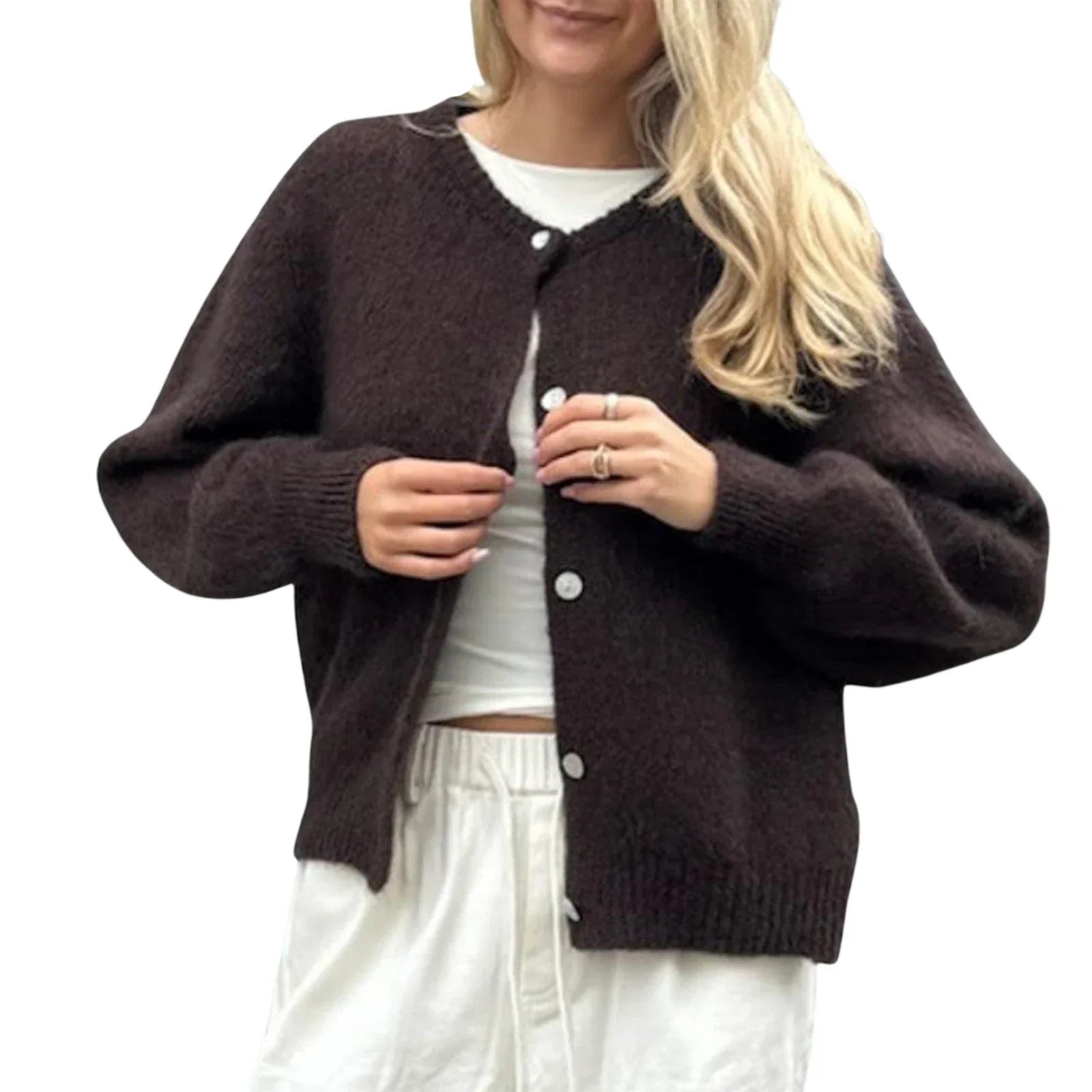 Solid O-neck Cropped Knitted Cardigan