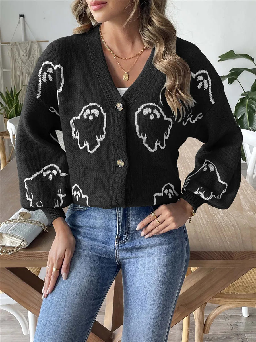 Cartoon Jacquard Halloween Button-up Cardigan