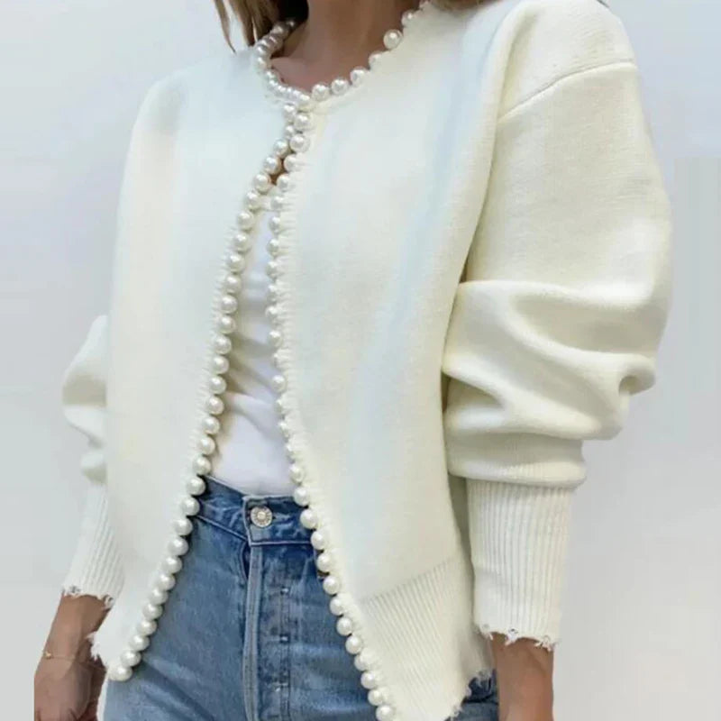 Elegant Pearls Long Sleeve Knit White Cardigan