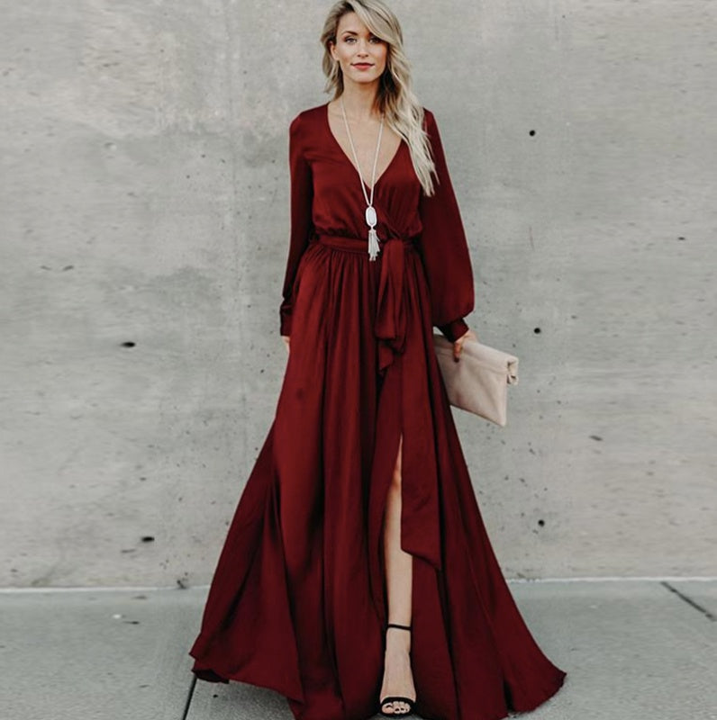 Satin V-Neck Long Sleeve Belted Split Maxi Dress