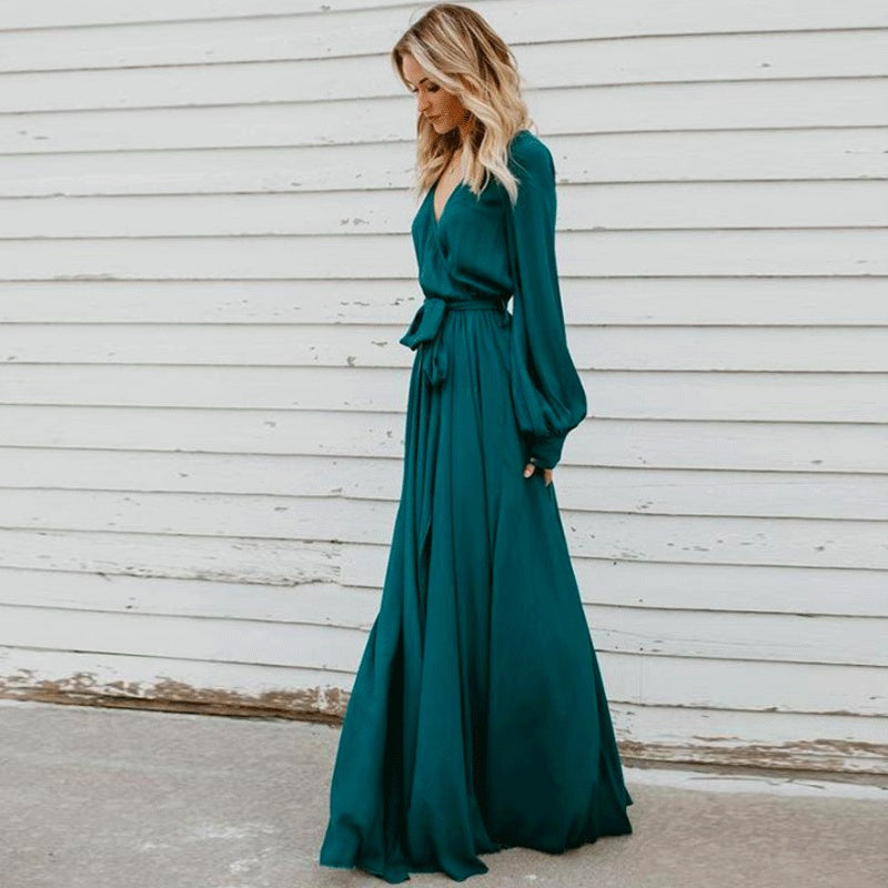 Satin V-Neck Long Sleeve Belted Split Maxi Dress