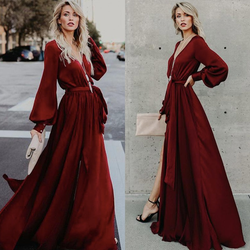 Satin V-Neck Long Sleeve Belted Split Maxi Dress