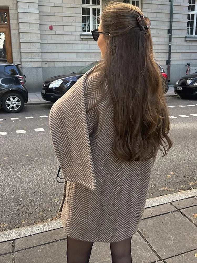 Printed Scarf Collar Woolen Coat