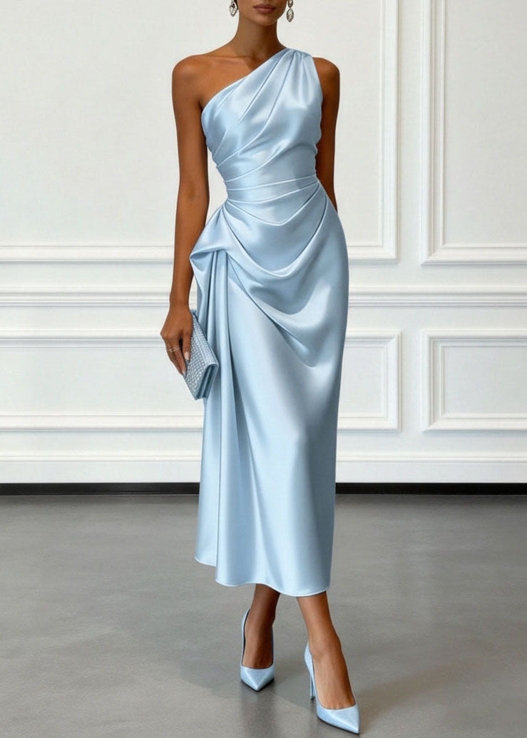 Satin One Shoulder Ruched Drape Sash Column Midi Dress - View 2