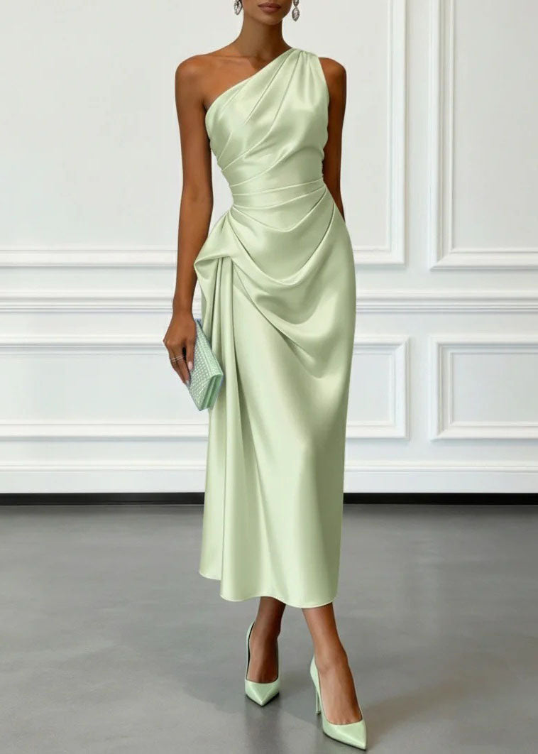Satin One Shoulder Ruched Drape Sash Column Midi Dress - View 4