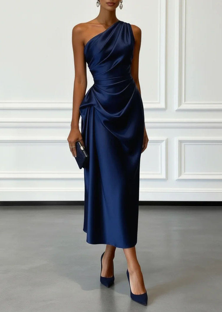 Satin One Shoulder Ruched Drape Sash Column Midi Dress - View 5
