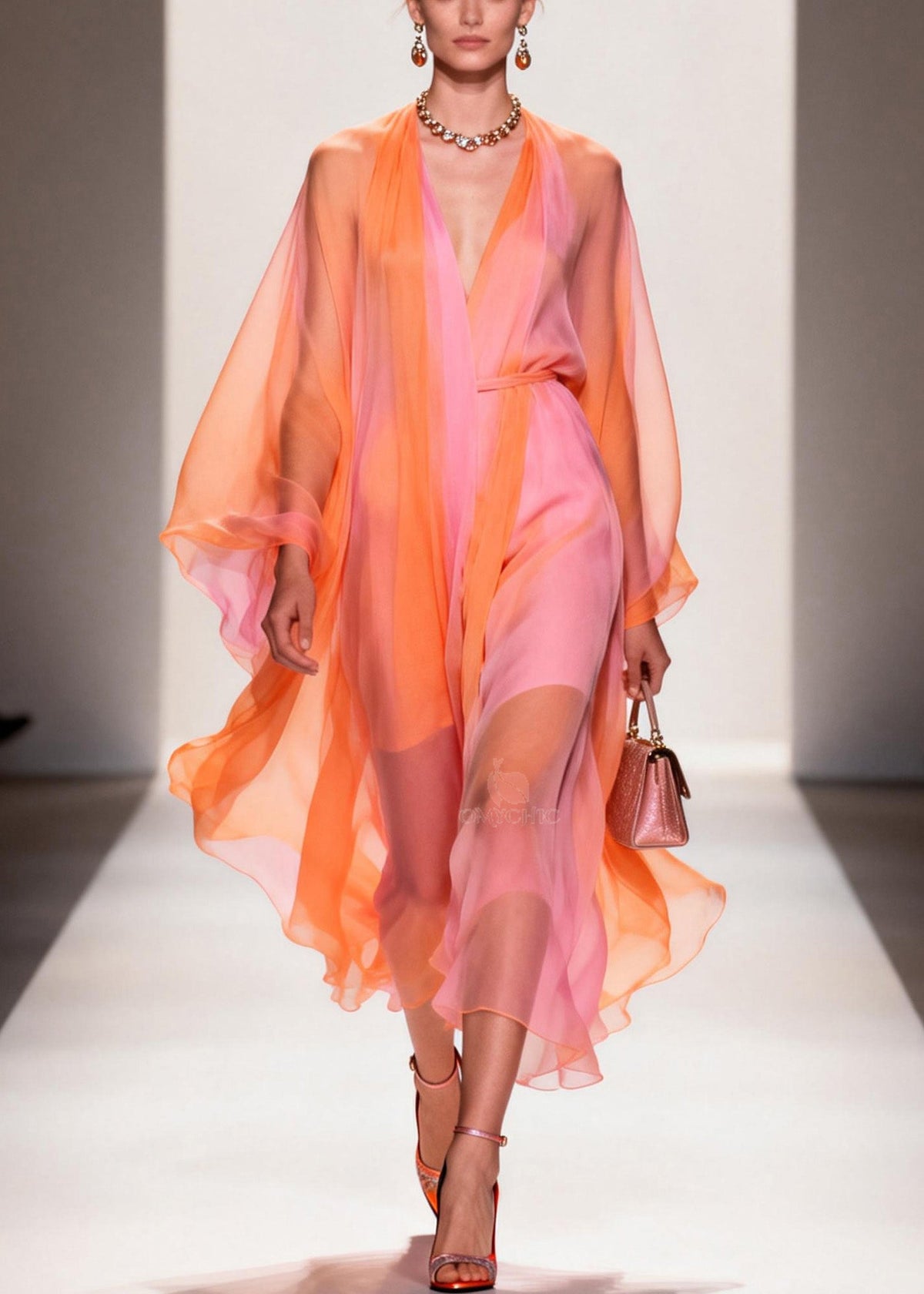Deep V-Neck Batwing Sleeve Belted Colorblock Chiffon Midi Dress