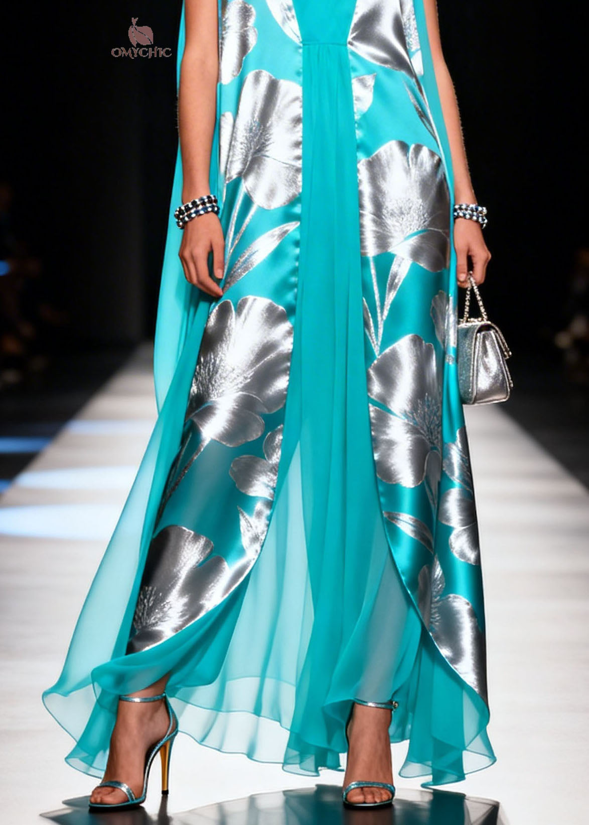 Floral Print Sleeveless Deep V-Neck Split Front Sheer Cape Maxi Gown - View 4