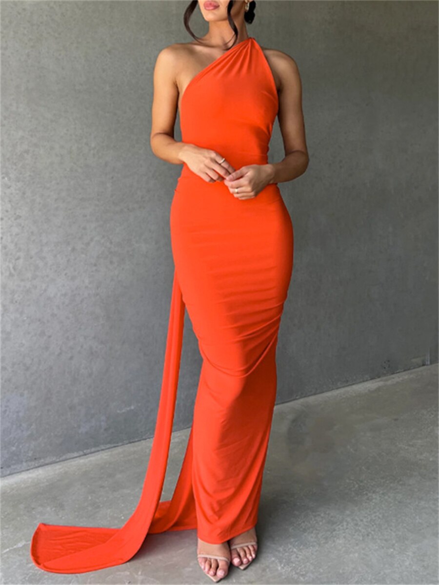 One-Shoulder Asymmetric Choker Neck Bodycon Maxi Gown 10
